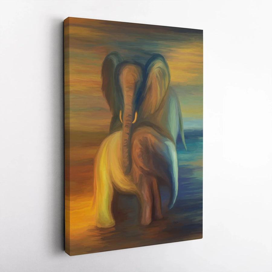 Elephant Canvas Wall Art | Abstract Impressionist Two Elephants Print | Premium Gallery-Wrapped Decor | Animal Lover Gift for Home Office