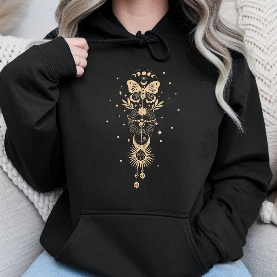 Celestial Hoodie | Vintage Sun Moon & Moth Graphic | Soft Cotton Blend | Witchy Boho Astrology Gift for Women