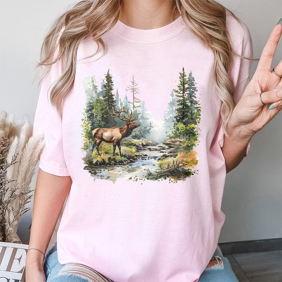 Elk Watercolor T-Shirt | Wilderness Forest Nature Graphic | Premium Soft Cotton | Unisex Outdoor Gift for Wildlife Enthusiasts