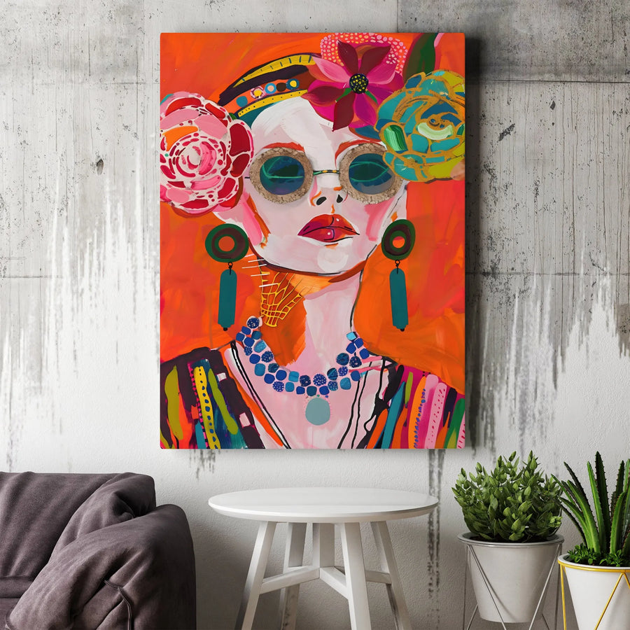 Bohemian Woman Canvas Print | Vibrant Abstract Floral Portrait | Premium High-Resolution Art | Modern Eclectic Home Decor Gift