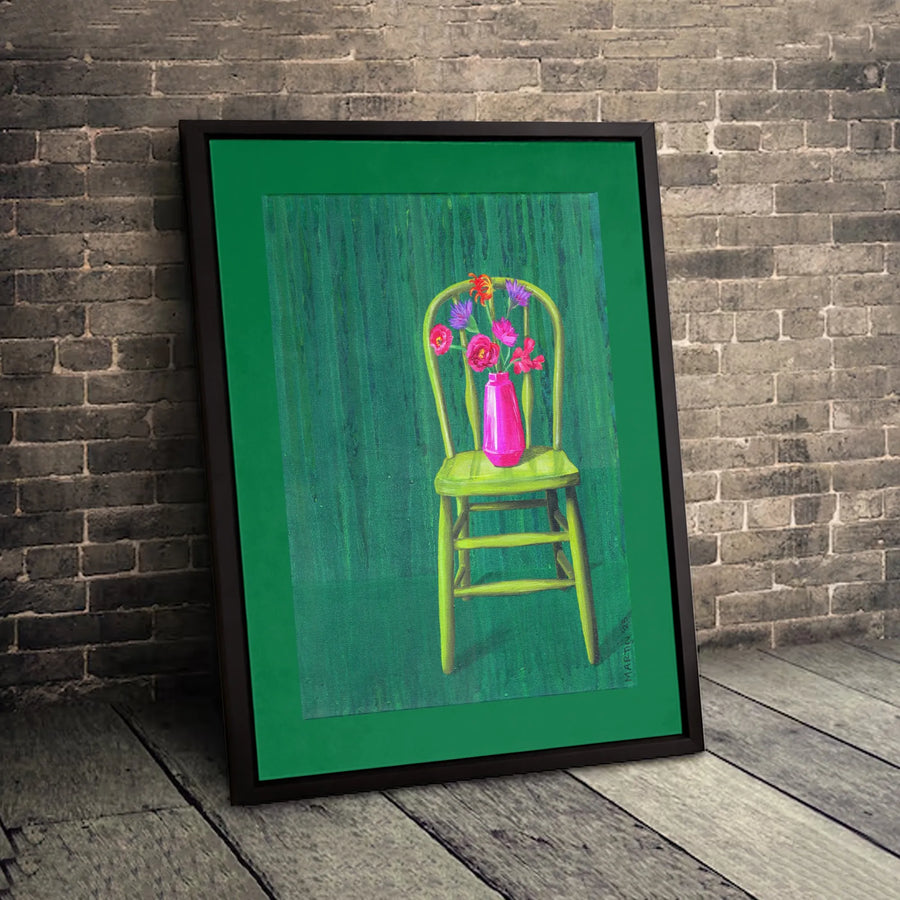Still Life Flower Painting Canvas | Floral Art in Pink Vase on Green Chair | Gallery-Quality Wall Decor | Botanical Fine Art Print for Home