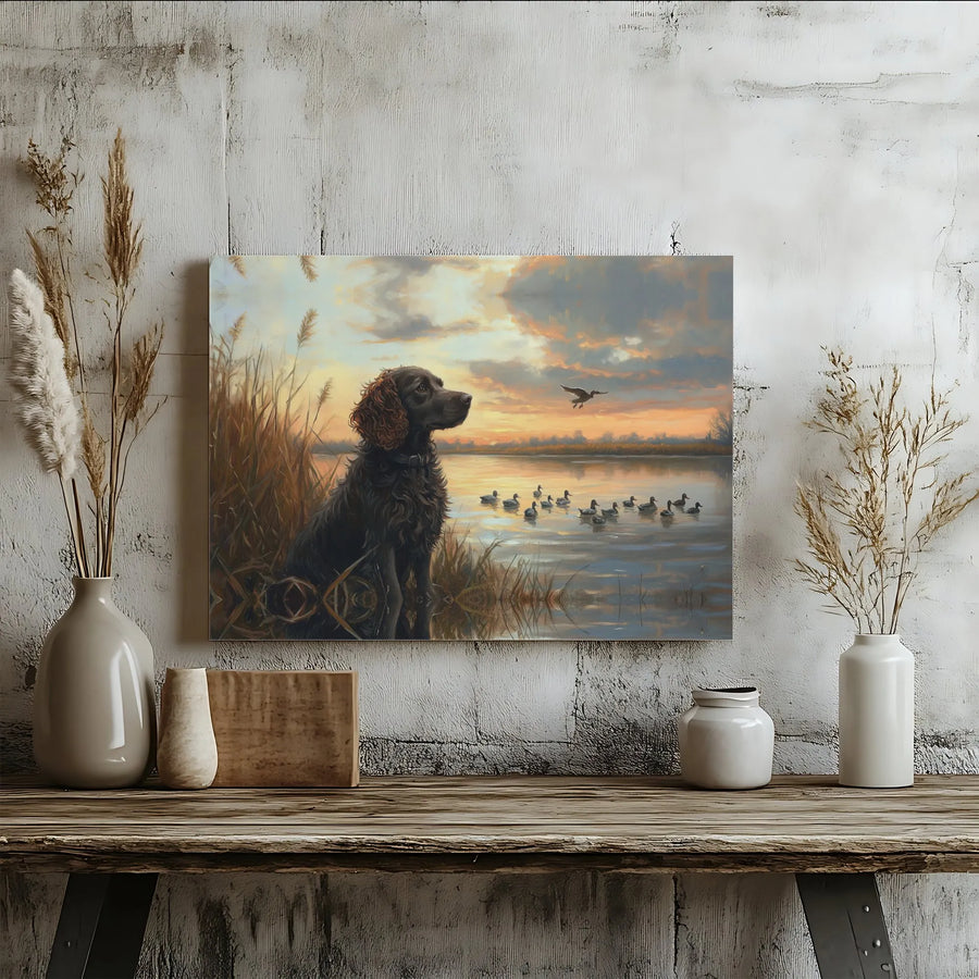Hunting Spaniel Canvas Print | Sunset Lake Dog Wall Art | Premium 1.25 Inch Gallery Wrap | Sporting Dog Decor Gift for Hunters