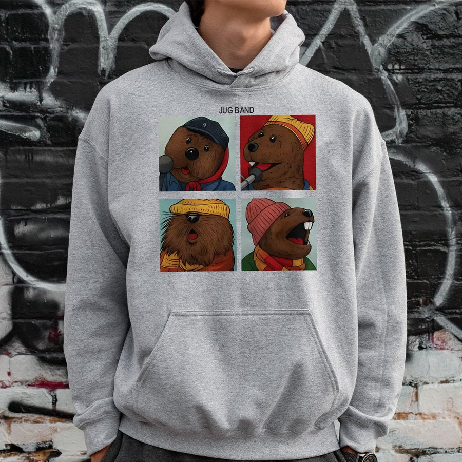 Jug Band Animal Quartet Hoodie | Retro Music Graphic Design | Soft Cotton-Blend Premium Apparel | Funny Gift For Musicians And Wildlife Lovers