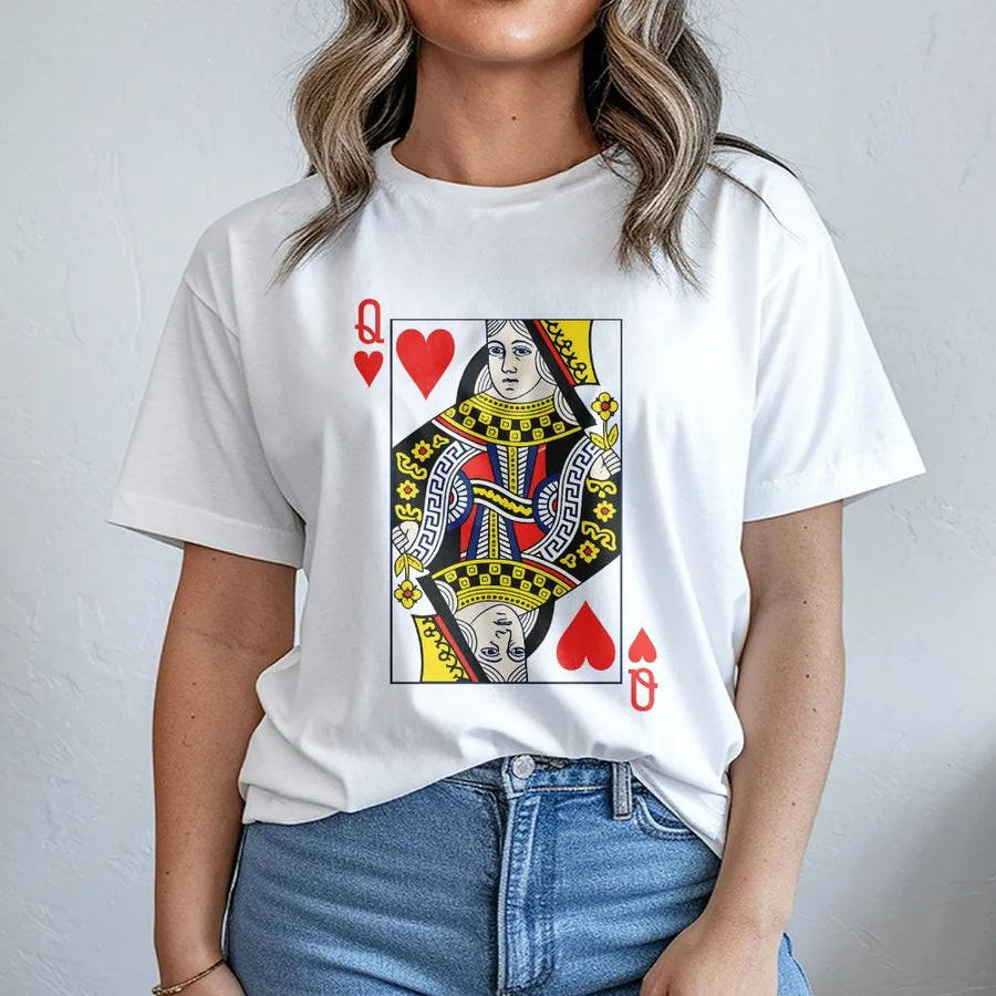 Queen Of Hearts Graphic T-Shirt | Retro Playing Card Design | 100% Cotton Premium Tee | Unique Gift For Poker Players And Gamers