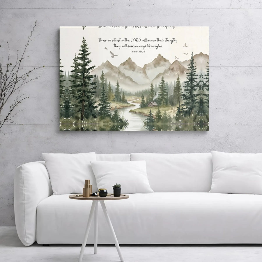 Isaiah 40:31 Wall Art Canvas | Watercolor Mountain Landscape Print | Premium 1.25 Inch Gallery Wrap | Christian Home Decor Gift for Faithful