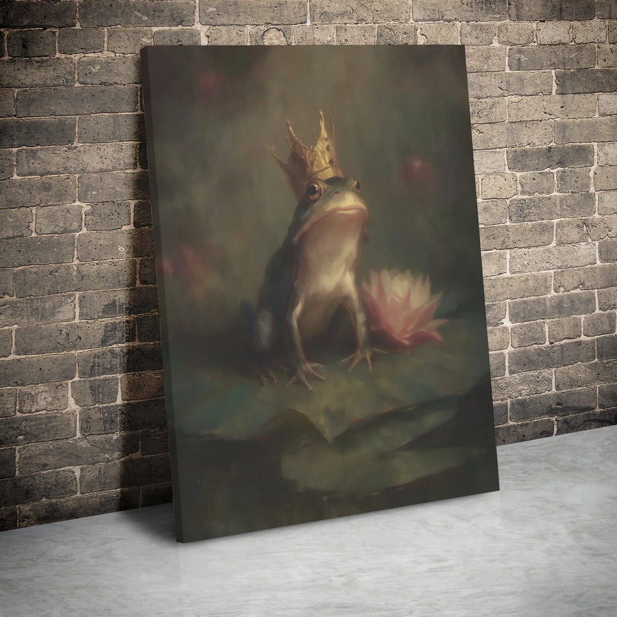 Frog Prince Wall Art | Regal Frog With Gold Crown Oil Painting Style | Premium Gallery-Wrap Canvas | Whimsical Home Decor Gift