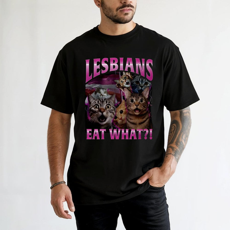 Lesbians Eat What Funny Cat T-Shirt | Retro Meme Graphic Tee | Premium 100% Cotton | LGBTQ Pride Gift for Cat Lovers