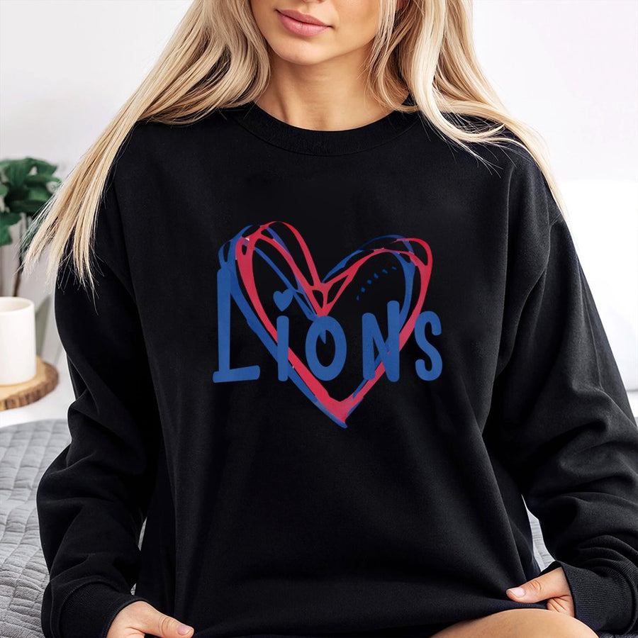 Lions Football Heart Sweatshirt | Red And Blue Doodle Graphic Design | Premium Cotton-Poly Blend | Game Day Gift For Football Fans