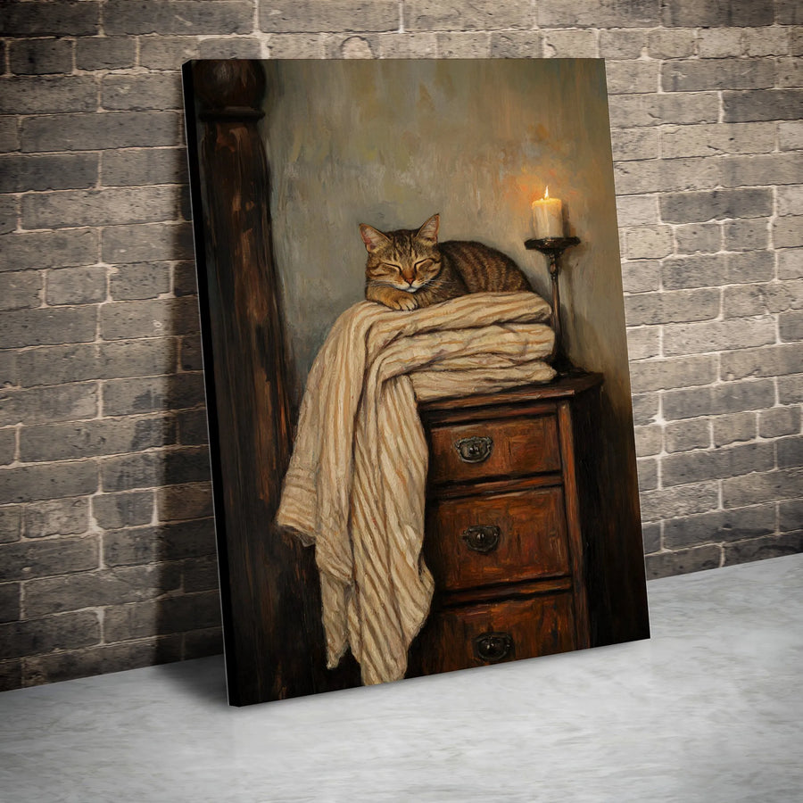 Toile d’art chat endormi | Portrait style peinture à l’huile vintage | Toile galerie haut de gamme | Cadeau déco ferme rustique pour amoureux des chats