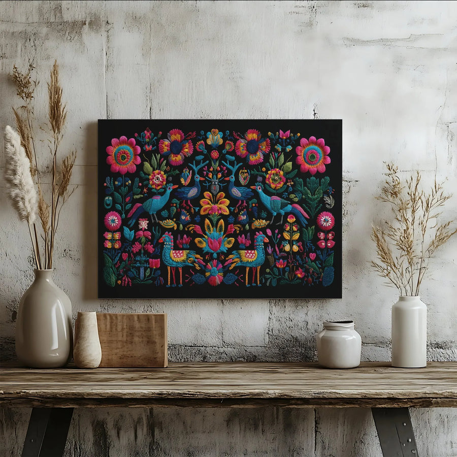 Mexican Folk Art Canvas Print | Vibrant Embroidery Style Birds & Flowers | Premium Gallery Wrapped Wall Art | Bohemian Home Decor Gift