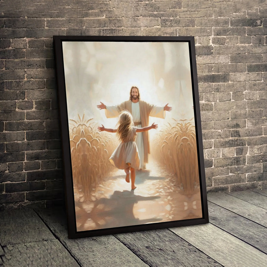 Jesus With Child Canvas Wall Art | Girl Running In Wheat Field Print | Premium 1.25 Inch Gallery Wrap | Religious Home Decor Gift