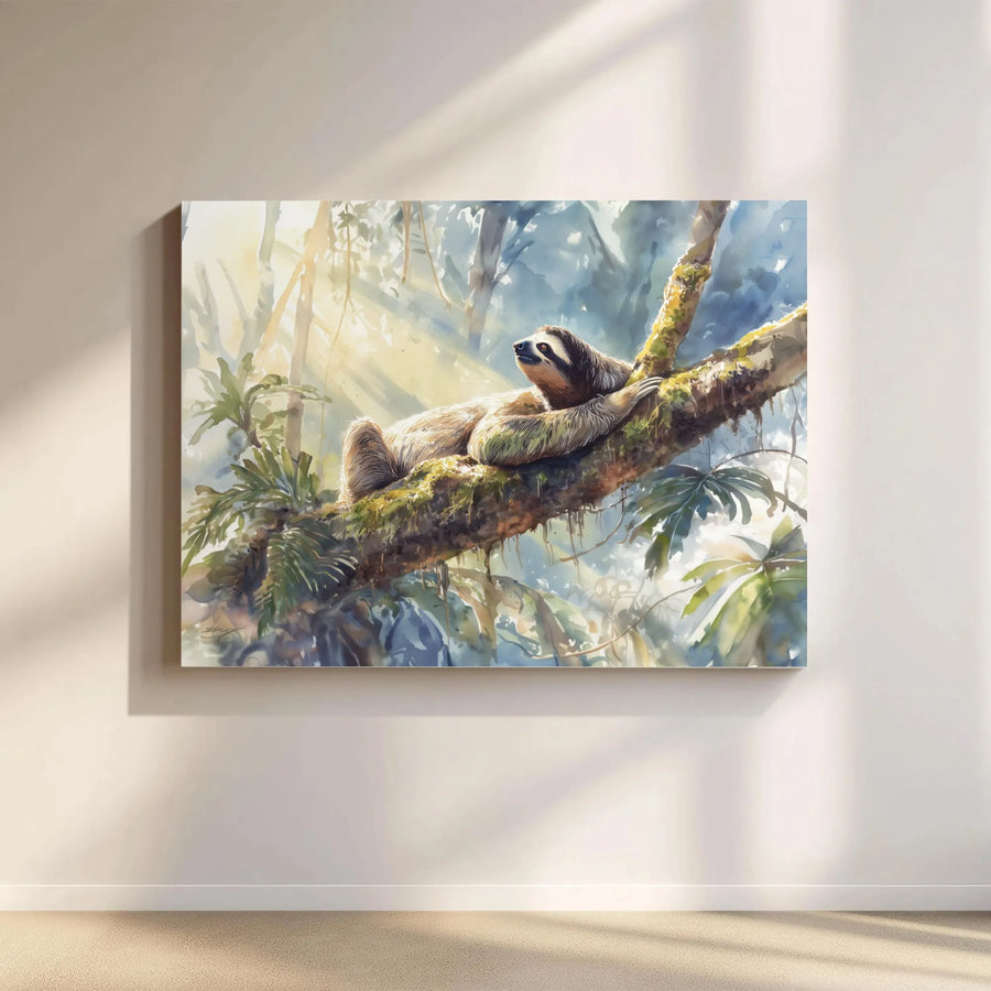 Sloth Wall Art Watercolor Print | Tropical Rainforest Jungle Scene | Gallery Quality 1.25" Canvas | Nature Lover Home Decor Gift