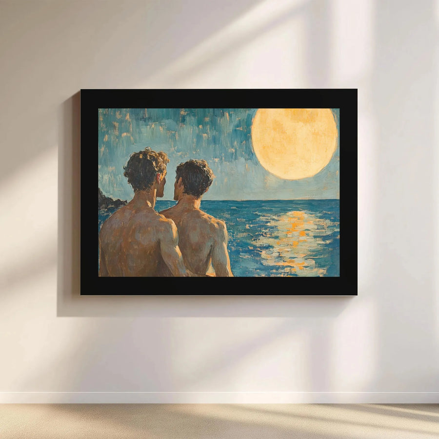 Two Men Watching Full Moon Canvas Art | Romantic Beach Ocean Landscape | Gallery-Wrapped Premium Print | LGBTQ+ Pride Home Decor Wall Gift