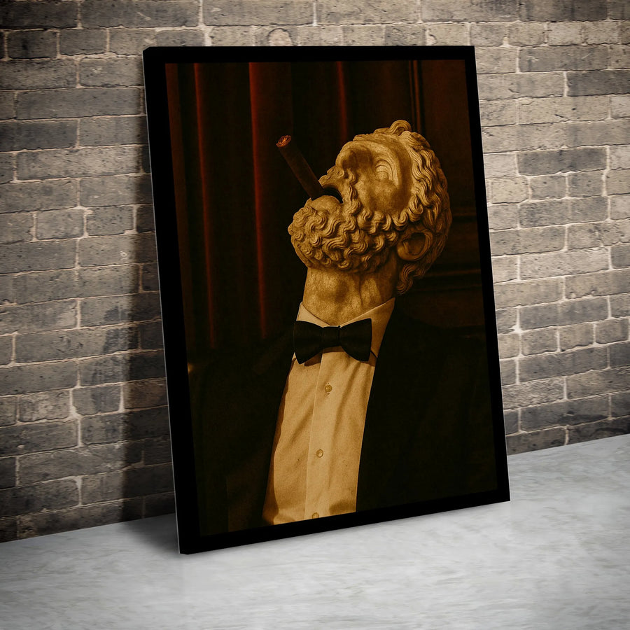 Greek God Smoking Cigar Canvas Art | Classical Sculpture in Tuxedo | Fade-Resistant Gallery Print | Unique Gift for Him, Man Cave Decor