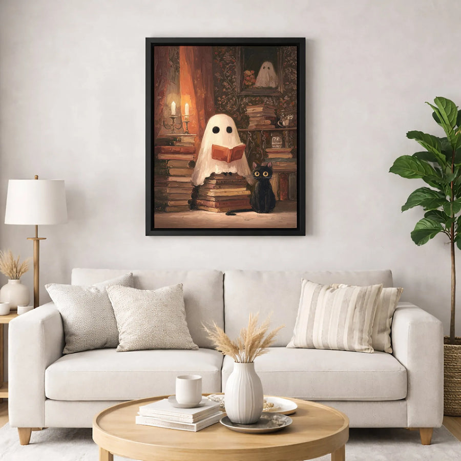 Ghost Reading Book Canvas | Spooky Library With Black Cat Art | Gallery Wrapped Premium Print | Aesthetic Halloween Home Decor Gift