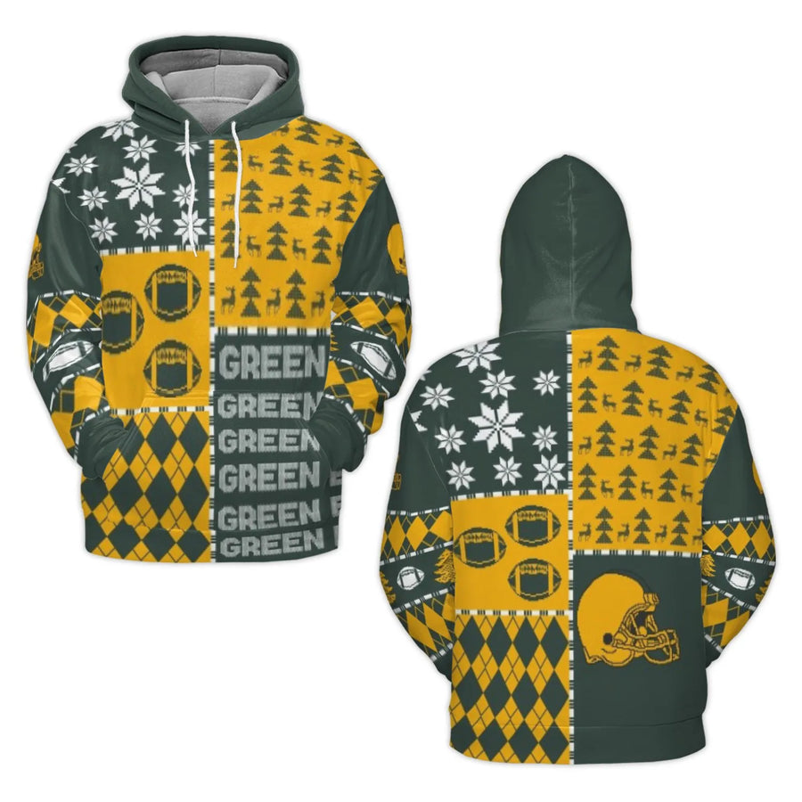 Green Green Bay Packers Ugly Christmas 3D Hoodie Patchwork