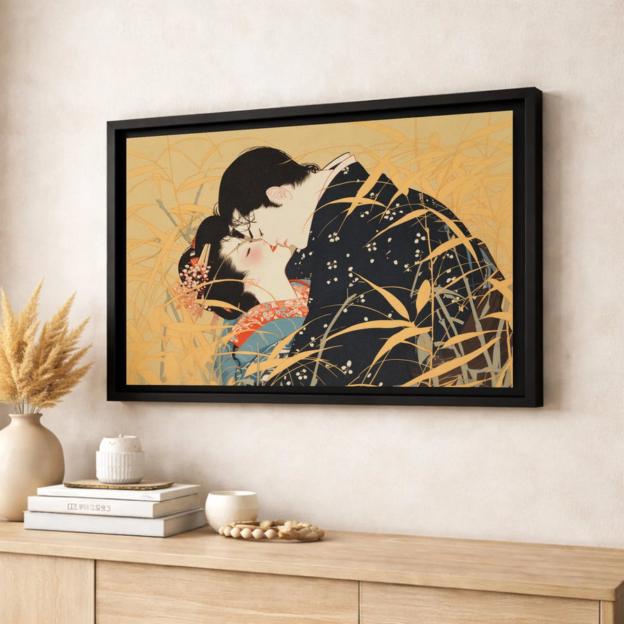 Japanese Art Canvas Print | Ukiyo-E Romantic Couple in Tall Grass | Premium 1.25-Inch Gallery Wrap | Anniversary Gift for Couples Home Decor