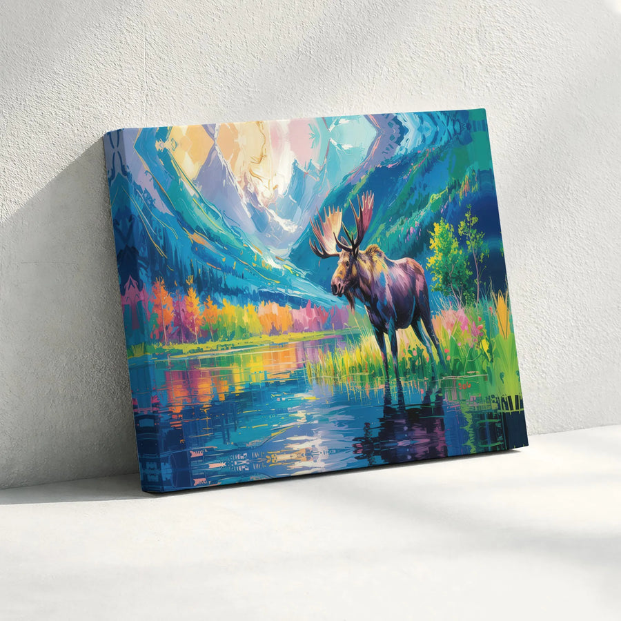 Vibrant Moose Canvas Print | Colorful Abstract Mountain Scene | Premium Fade-Resistant Art | Living Room & Cabin Decor Gift