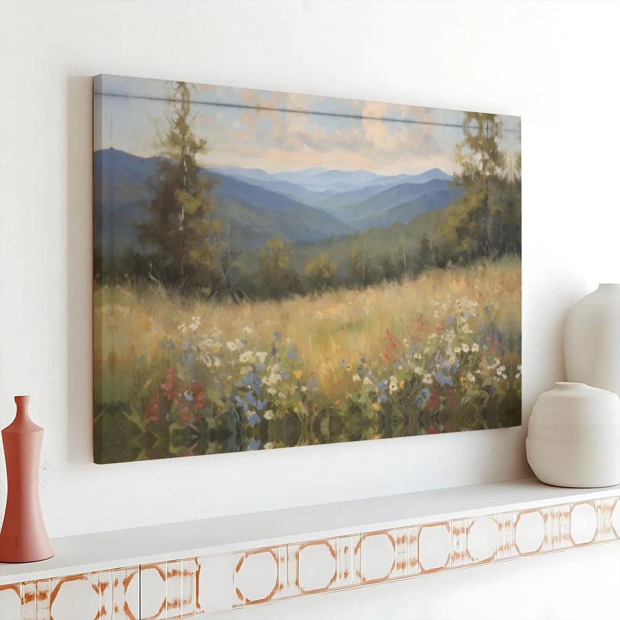 Mountain Wildflower Meadow Canvas | Vintage Landscape Painting Print | Premium Gallery Wrapped Canvas | Rustic Home Decor Gift