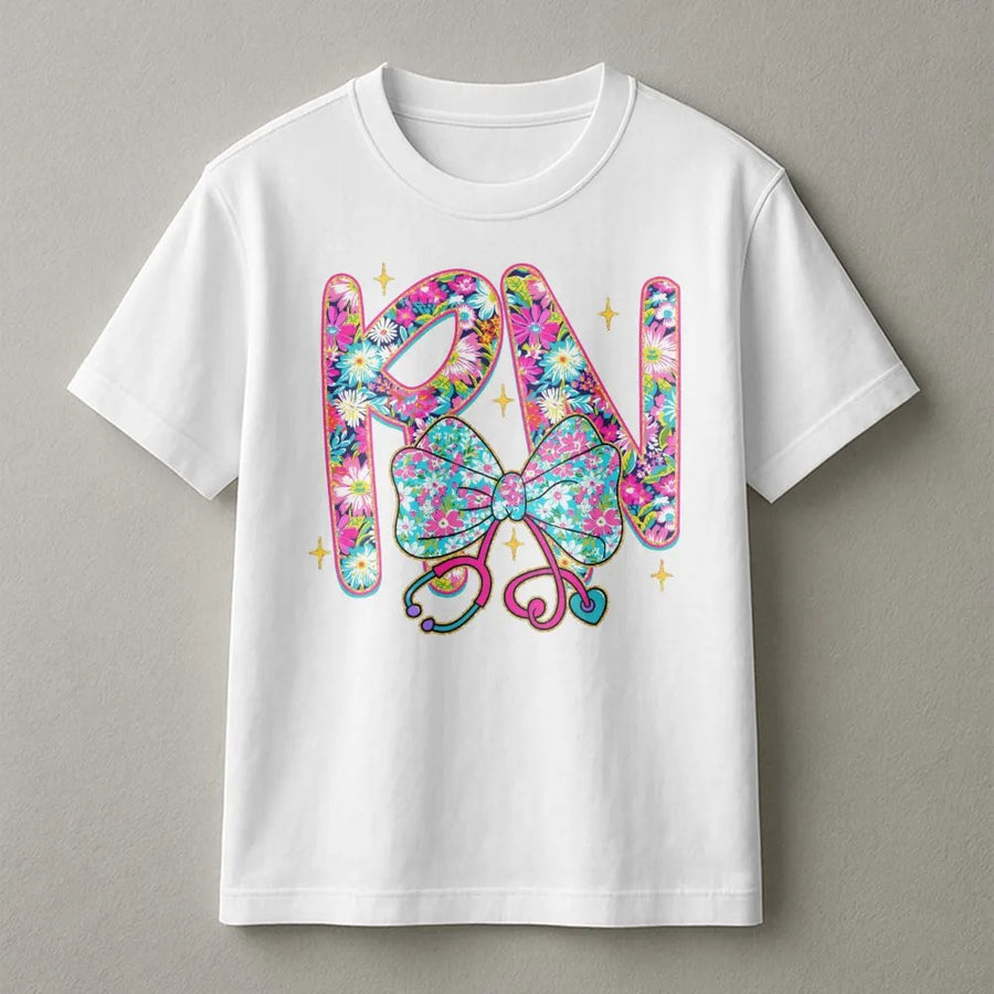 RN Nurse T-Shirt | Floral Stethoscope Bow Graphic Design | Premium Cotton Apparel | Perfect Graduation Gift for Nursing Students and Registered Nurses