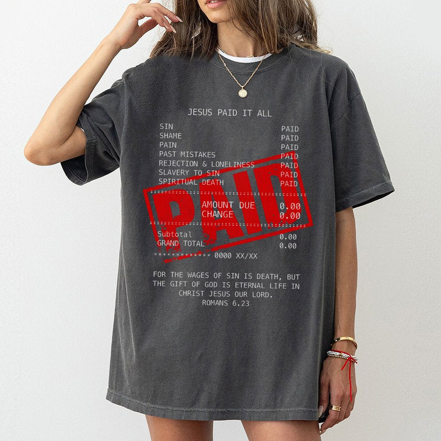 Jesus Paid It All Christian T-Shirt | Romans 6:23 Receipt Graphic | Premium Cotton Unisex Tee | Faith-Based Gift For Believers