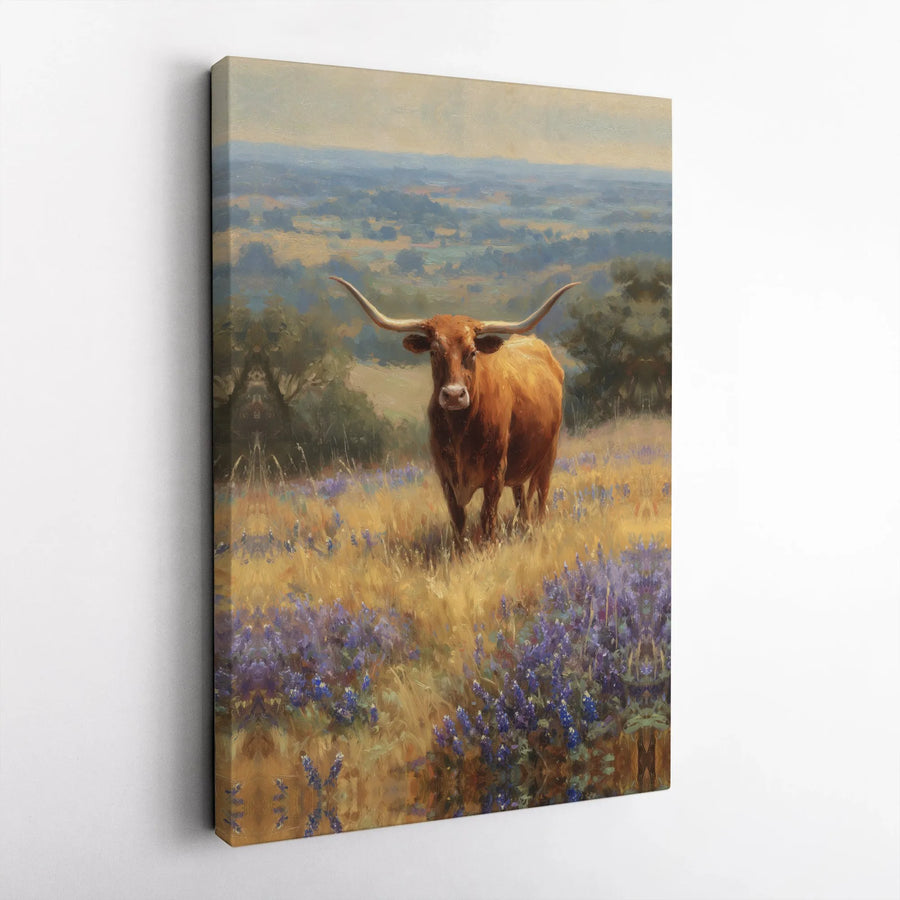 Texas Longhorn Canvas Wall Art | Vintage Bluebonnet Field Oil Painting | Premium Thick Gallery Wrap | Southwestern Farmhouse Decor Gift