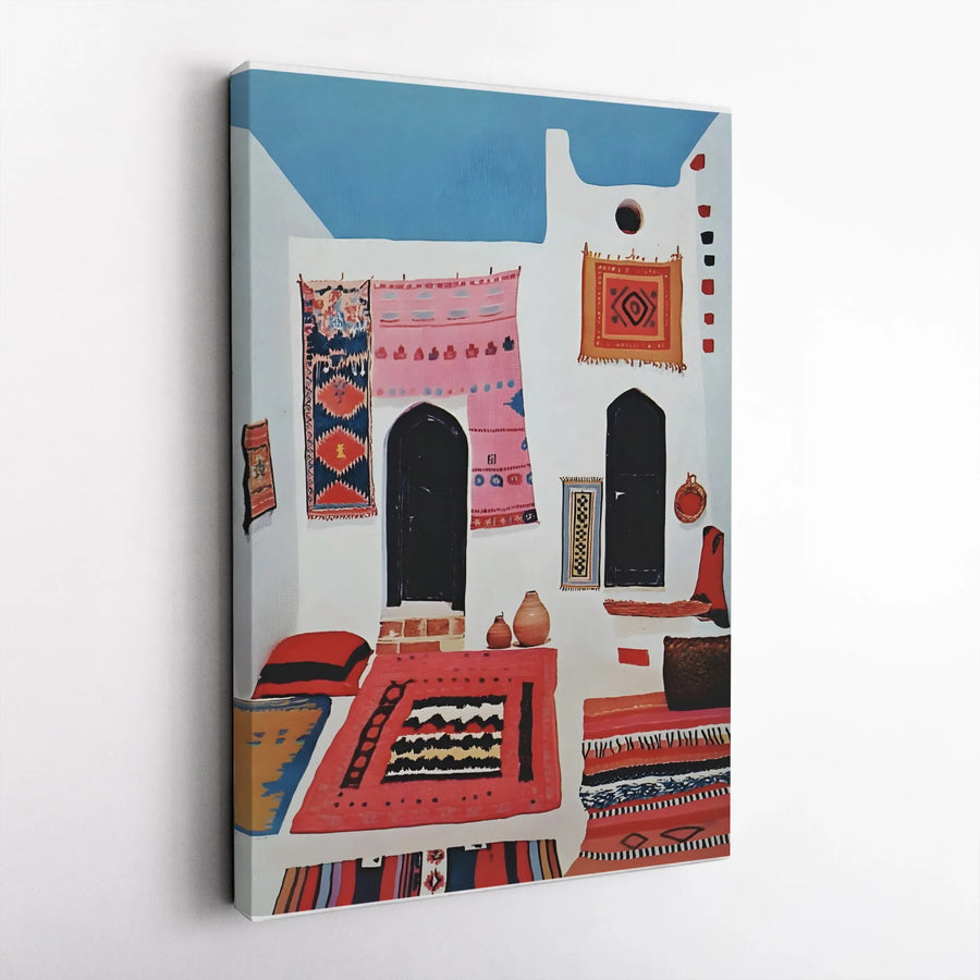 Moroccan Market Canvas Wall Art | Vibrant Bohemian Rug Display | Premium 1.25" Gallery Wrap | Boho Home Decor Gift For Travel Lovers