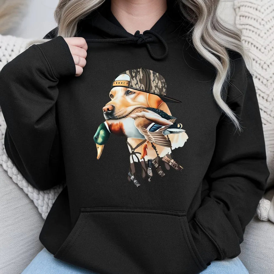 Duck Hunting Dog Hoodie | Labrador Retriever with Camo Hat & Mallard Graphic | Premium Cotton Tee | Outdoorsman Gift for Men