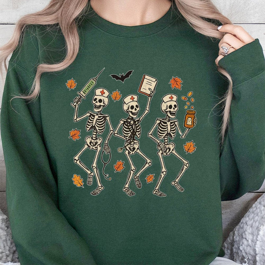 Halloween Nurse Skeleton Sweatshirt | Spooky Fall Medical Design | Premium Cotton Blend | Gift for Registered Nurses and Nursing Students