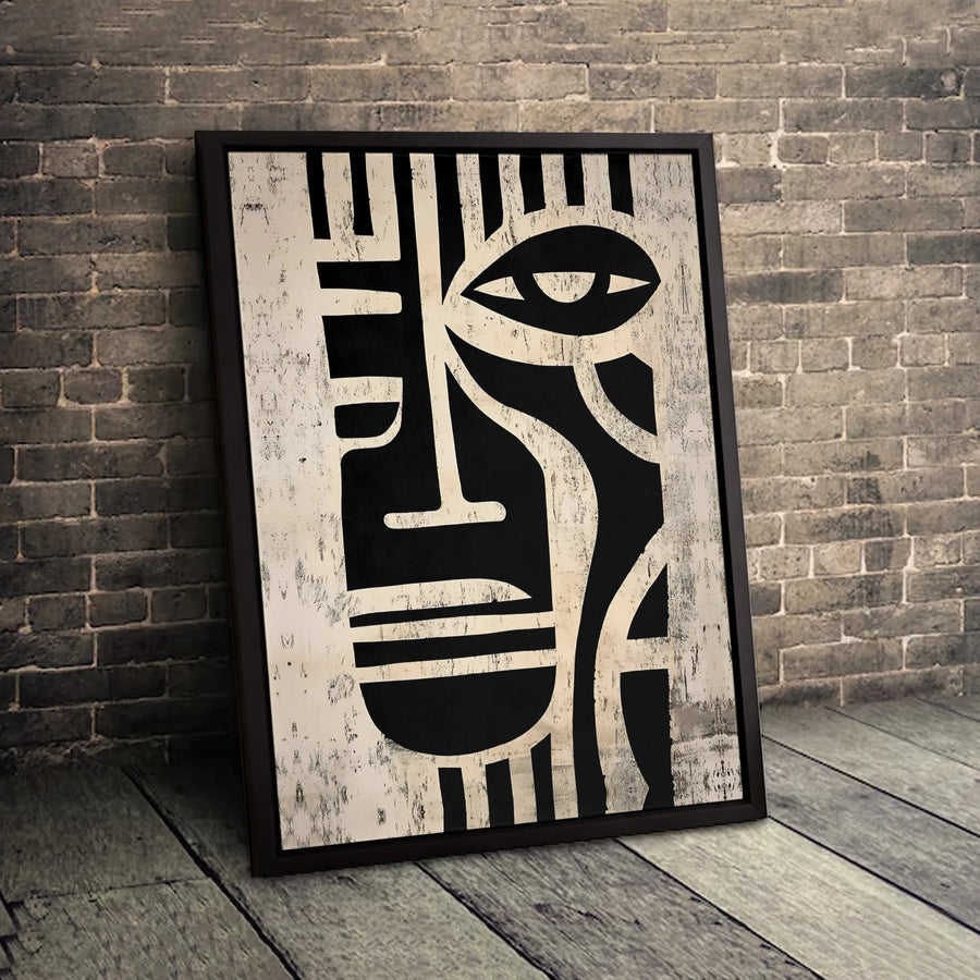Abstract Tribal Face Canvas Art | Minimalist Geometric Black and White Print | Gallery-Quality 1.25 inch Profile | Modern Home Office Decor Gift