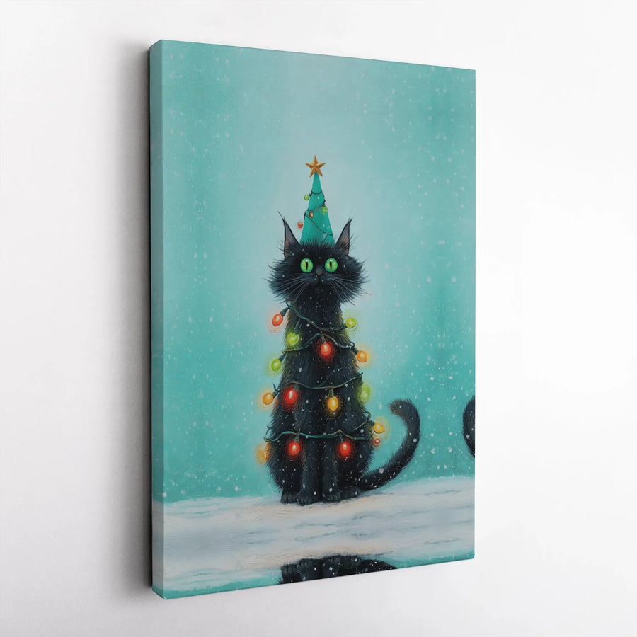 Black Cat Christmas Tree Canvas Print | Whimsical Holiday Wall Art | 1.25-Inch Gallery Wrap | Festive Pet Lover Gift for Home Decor