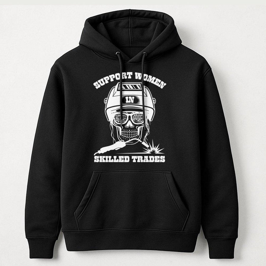 Support Women In Skilled Trades Hoodie | Welder Skull Graphic Print | Premium Cotton-Blend | Empowerment Gift for Female Welder Tradeswoman
