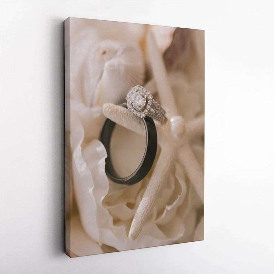 Wedding Rings Canvas Wall Art | Coastal Starfish & Diamond Ring Photo | Premium Gallery Wrapped Canvas | Anniversary Gift for Couple