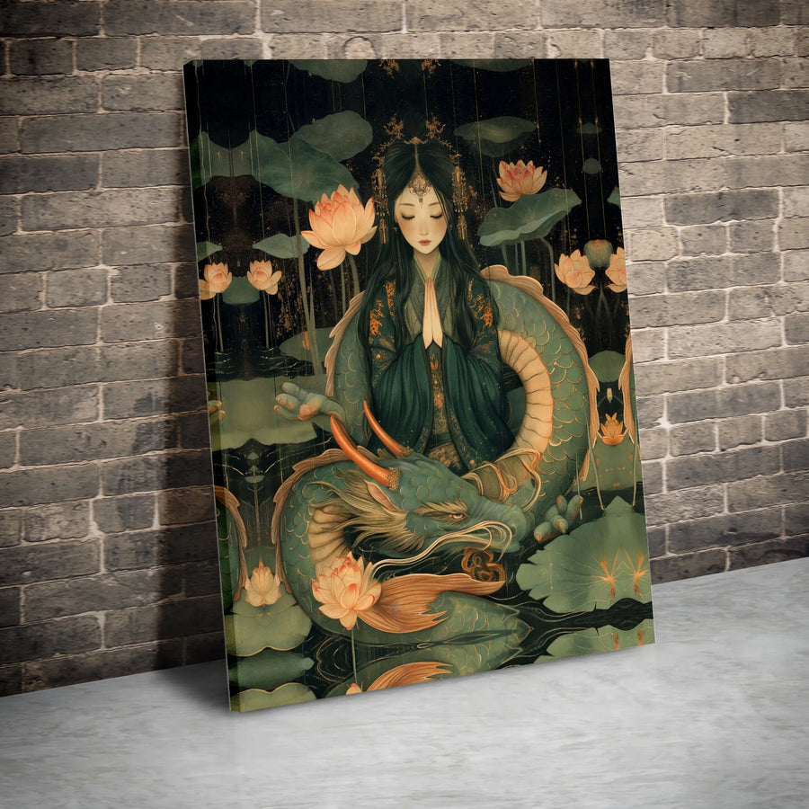 Goddess with Dragon Vertical Canvas | Asian Mythology Wall Art with Lotus Flowers | Premium 1.25 Inch Gallery Wrap | Spiritual Meditation Room Decor, Fantasy Gift