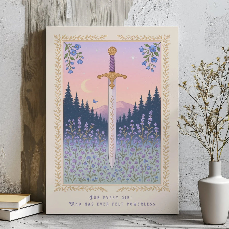 Empowerment Wall Art | Sword in Wildflower Field Illustration | Premium Gallery Wrapped Canvas | Inspirational Gift for Women and Girls
