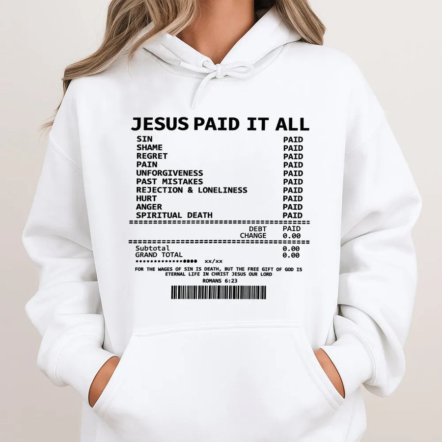 Jesus Paid It All Hoodie | Christian Bible Verse Receipt Design | Premium Cotton Blend | Religious Gift for Men and Women