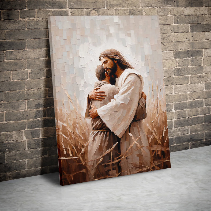 Jesus Hugging Prodigal Son Wall Art | Oil Painting Style Canvas Print | Gallery Quality 1.25 Inch Wrap | Christian Home Decor Gift