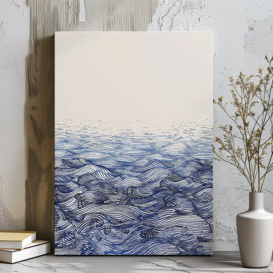 Abstract Ocean Waves Canvas Wall Art | Navy Blue Line Work Print | Premium Gallery Wrap Decor | Modern Coastal Living Room Home Gift