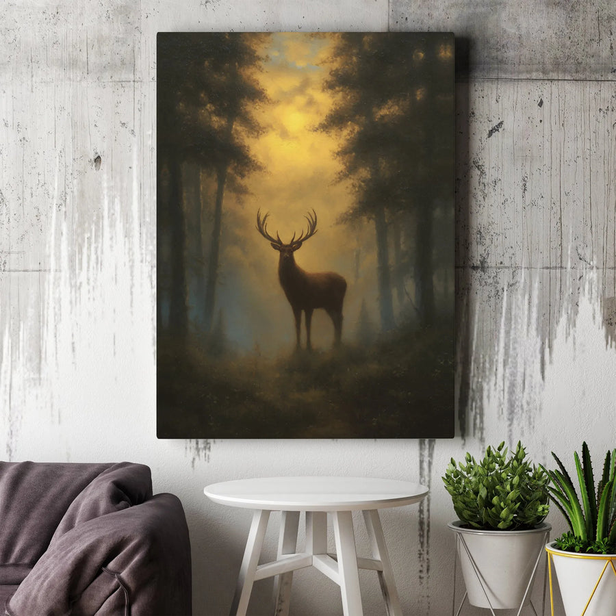 Majestic Stag Canvas Art | Misty Forest Woodland Landscape | 1.25 Inch Gallery Wrap Premium Print | Rustic Wildlife Home Decor Gift