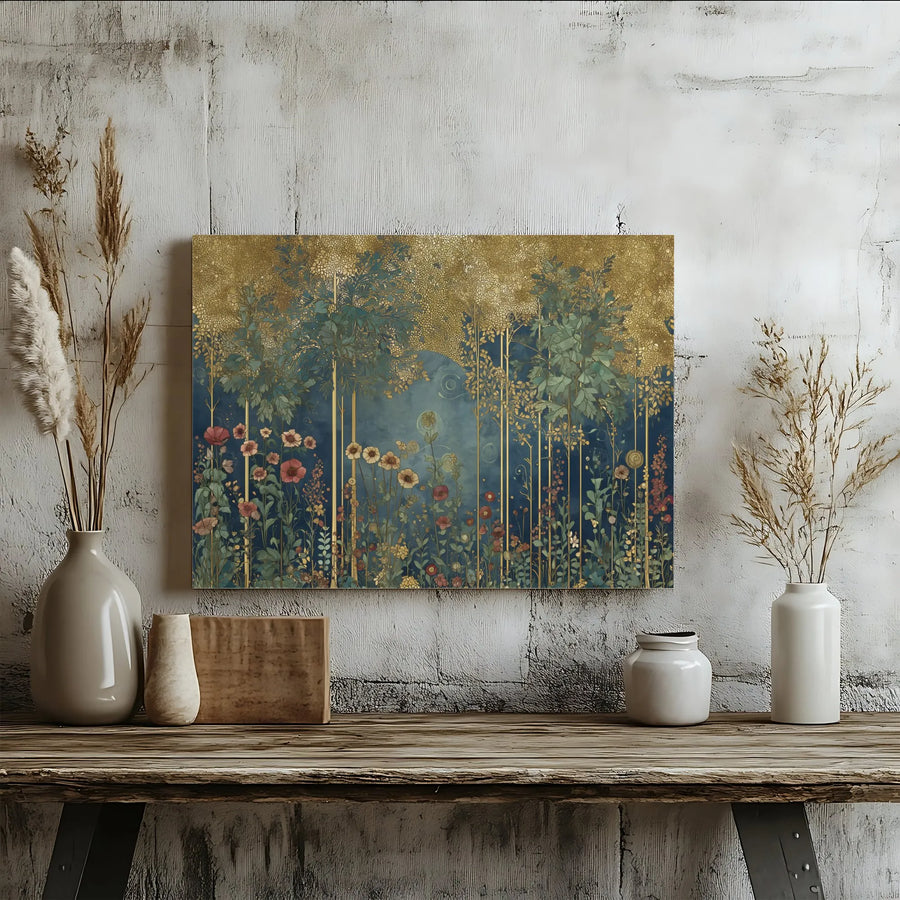 Art Nouveau Canvas Print | Gold Mosaic Enchanted Forest Wall Art | Premium Gallery Canvas | Botanical Living Room Decor Gift