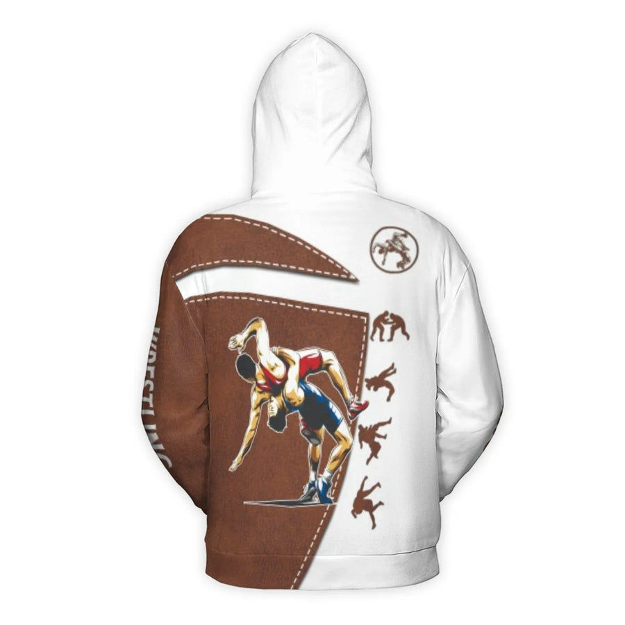 Wrestling 3D Hoodie | All-Over Print Sport Graphic with Faux Leather Texture | Premium Polyester Fleece | Gift for Wrestlers & Wrestling Fans
