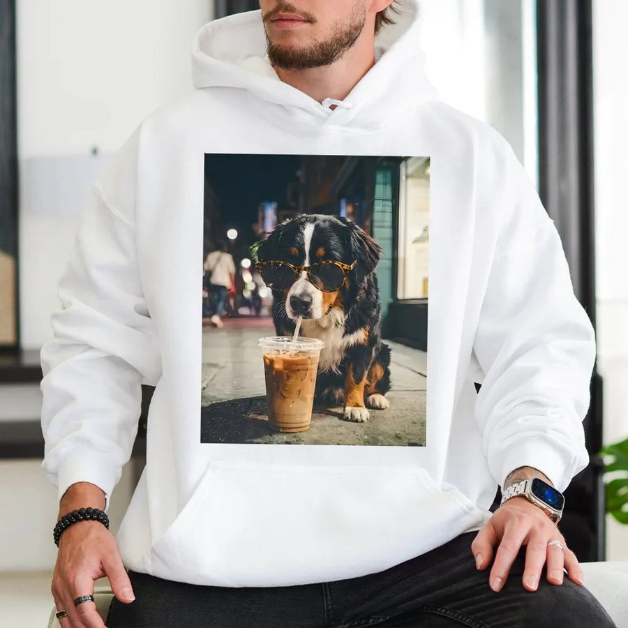 Bernese Mountain Dog Hoodie | Funny Dog with Sunglasses & Coffee | Premium Cotton Blend | Gift for Berner Mom or Dad