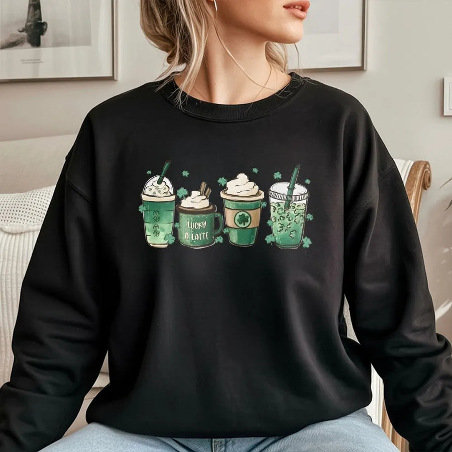 Lucky A Latte St Patricks Day Sweatshirt | Shamrock Coffee Graphic Print | Premium Soft Cotton Blend | Festive Irish Holiday Gift For Her