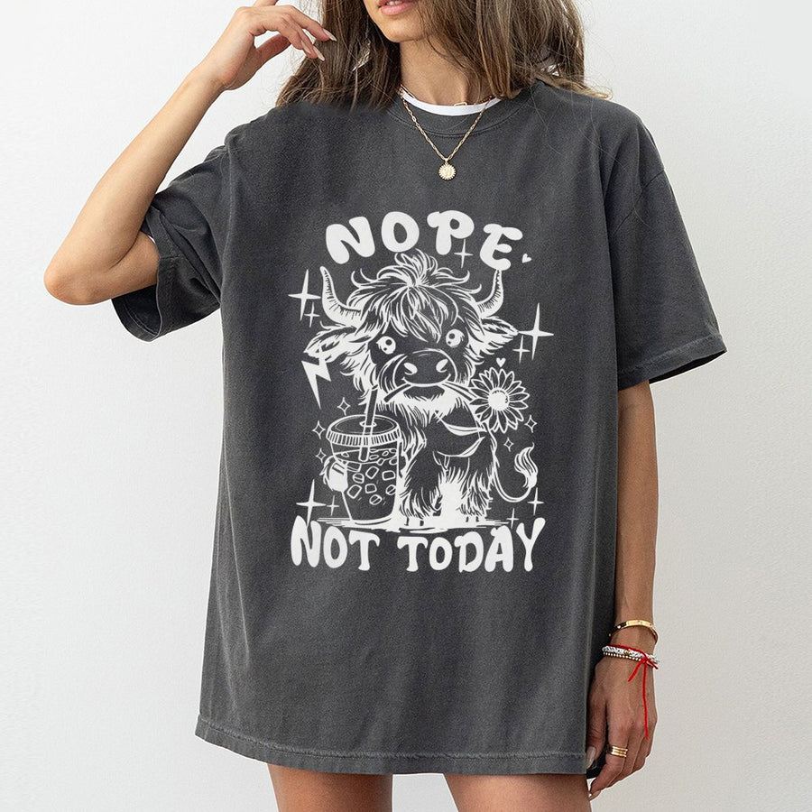 Highland Cow Graphic T-Shirt | Nope Not Today Funny Quote | Premium 100% Cotton Tee | Gift for Coffee Lovers & Farm Animal Fans