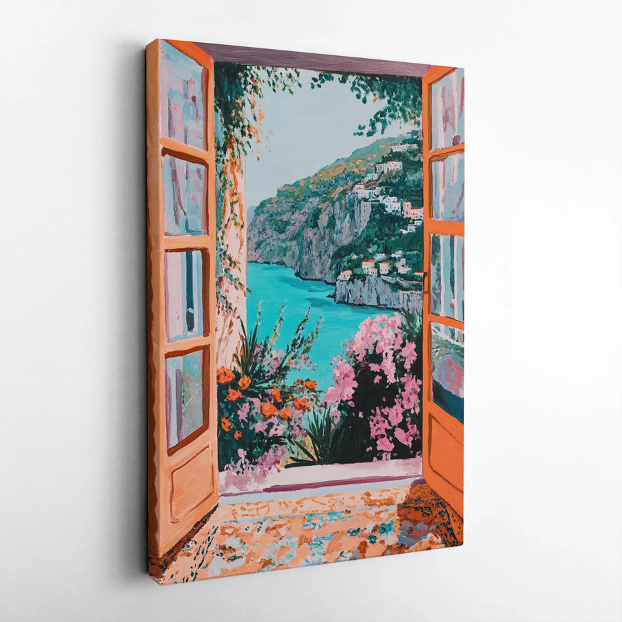Amalfi Coast Window Canvas Wall Art | Mediterranean Sea View Painting | Gallery Wrap Premium Print | Italian Travel Decor Gift