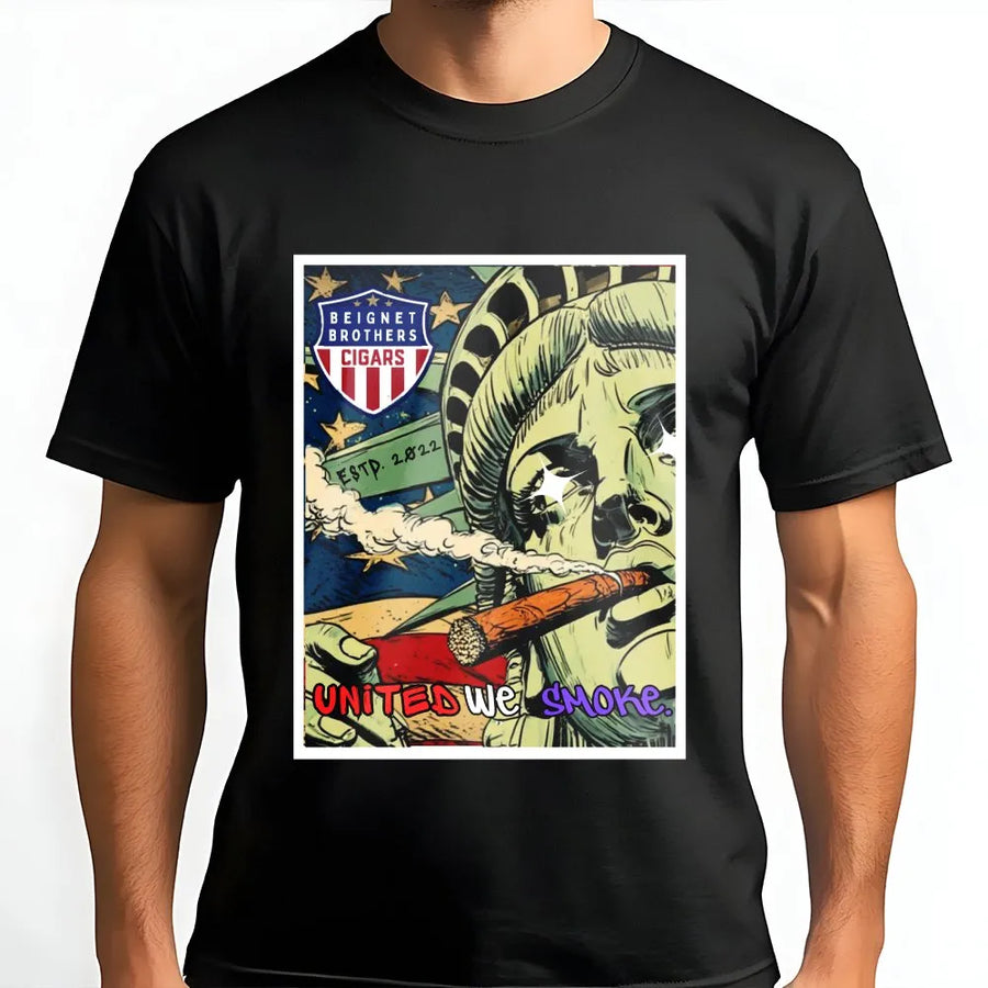 Lady Liberty Smoking Cigar T-Shirt | United We Smoke Graphic Art | Premium Cotton-Blend Pullover | Gift for Cigar Lover