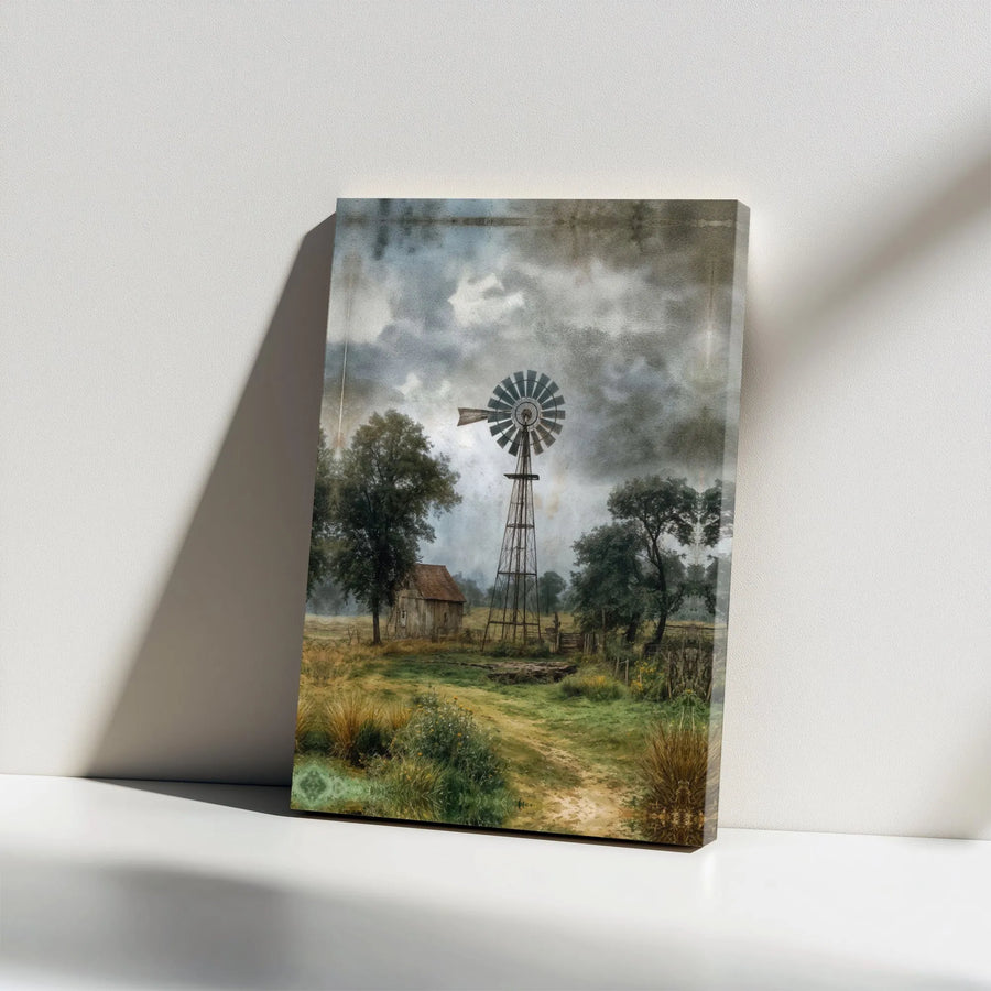 Rustic Windmill Canvas Print | Vintage Farmhouse Scene with Barn | Premium Gallery Wrapped Canvas Art | Country Home Living Room Wall Decor