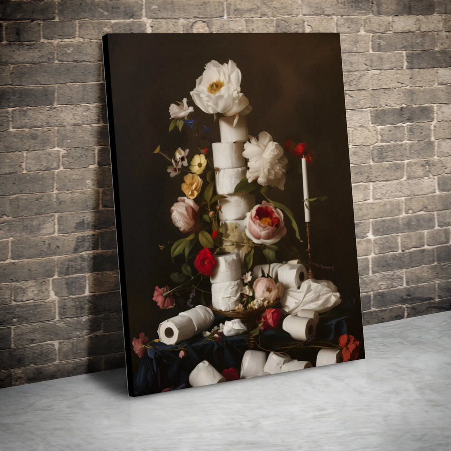 Toilet Paper Still Life Canvas Print | Dutch Master Floral Oil Painting Style | 1.25-Inch Premium Gallery Wrap | Quirky Bathroom Wall Art Decor
