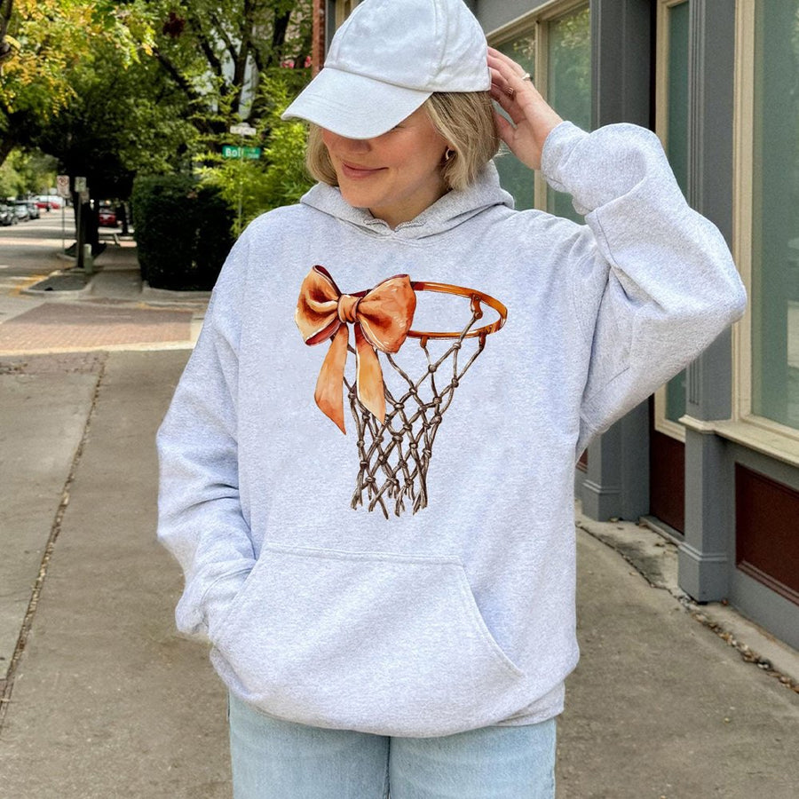 Coquette Basketball Hoodie | Aesthetic Bow and Hoop Graphic | Premium Cotton-Blend Fleece | Game Day Gift for Basketball Moms