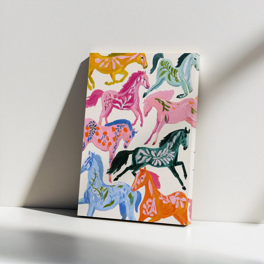 Colorful Folk Art Horse Canvas Wall Art | Whimsical Painted Horses Print | Premium Gallery Wrap Decor | Gift for Equestrian Lovers
